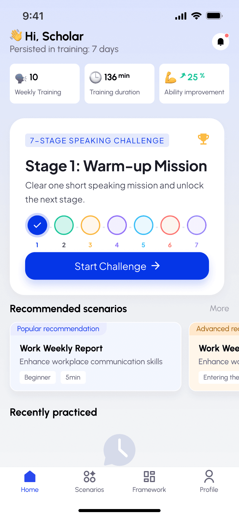 SayNow AI home screen with the 7-stage speaking challenge