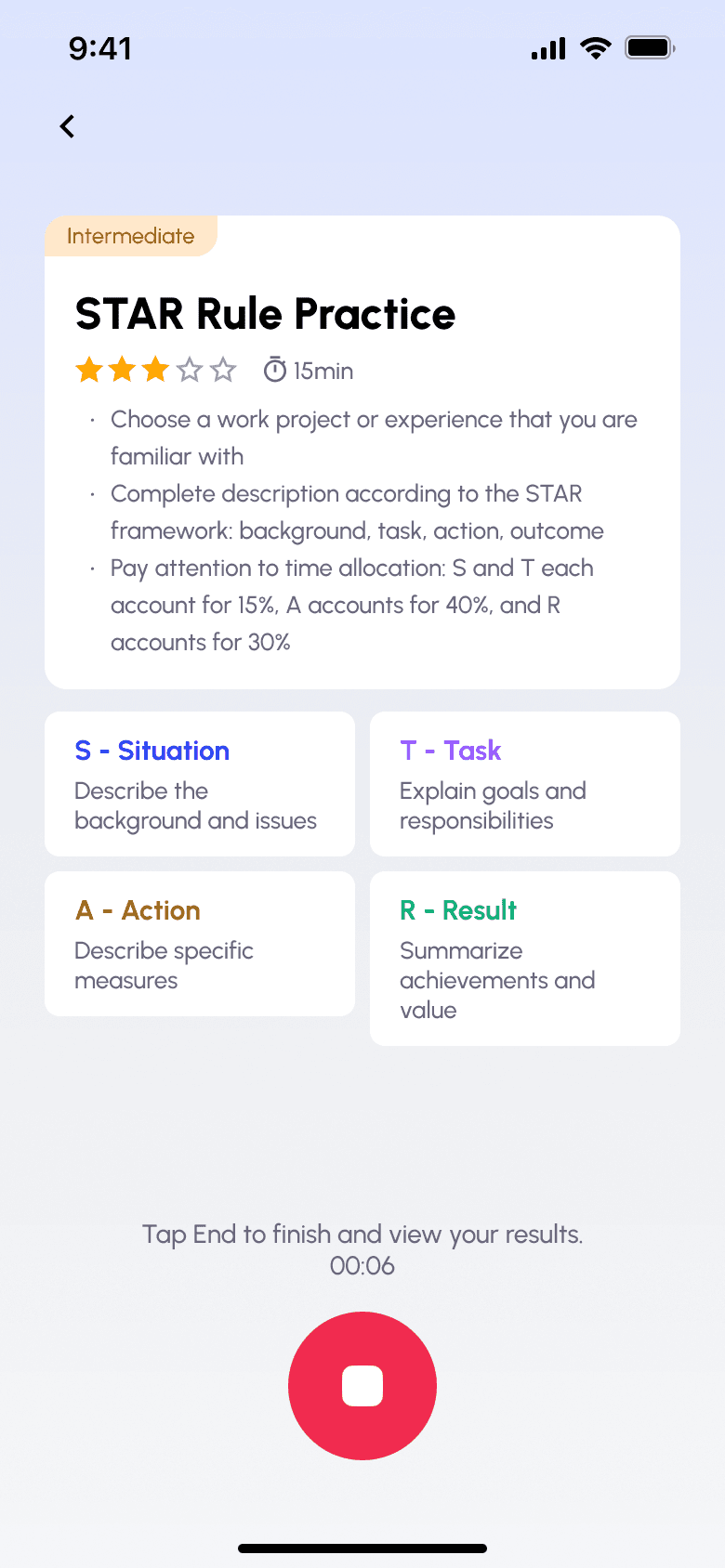 SayNow AI interview practice screen with feedback on a spoken answer
