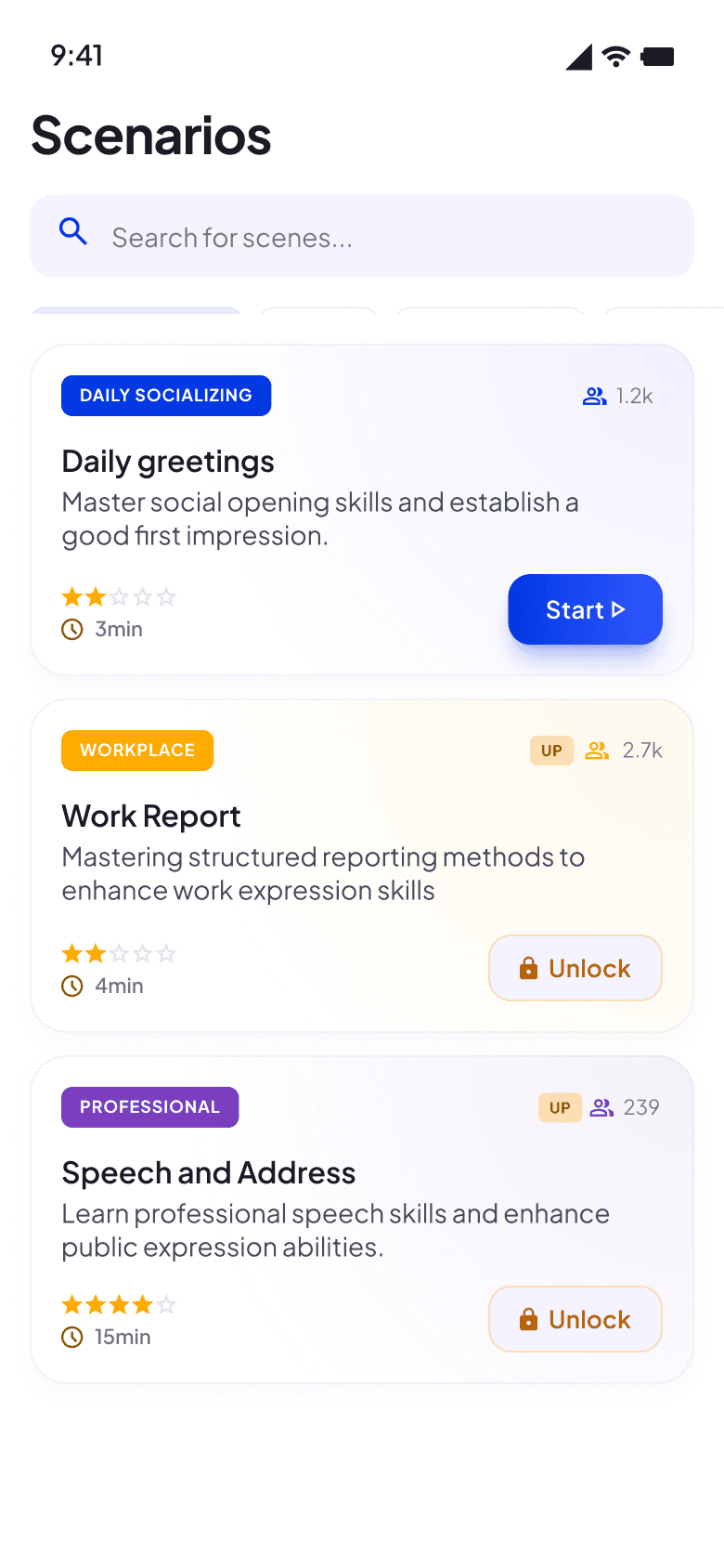 SayNow AI scenario list with practice situations to choose from