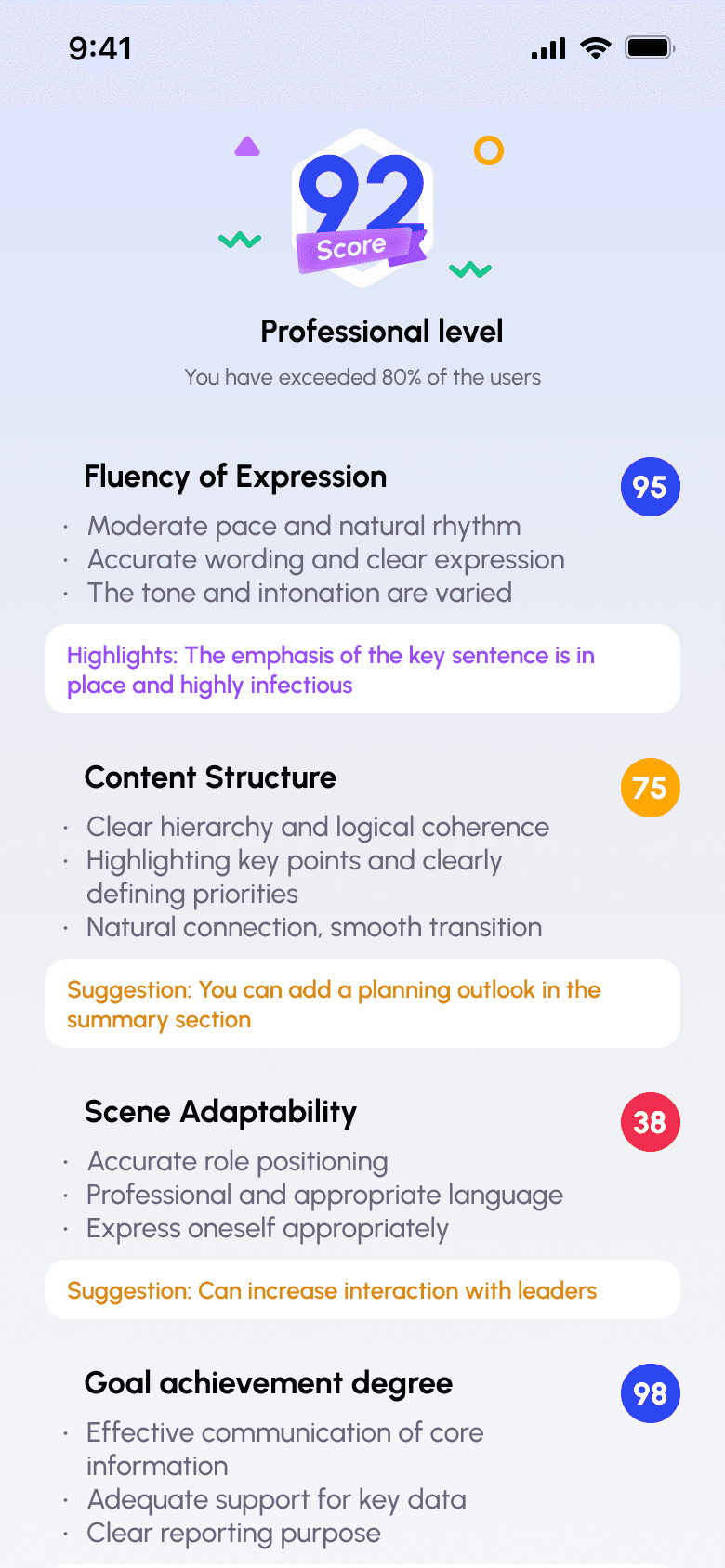 SayNow AI score and suggestions after a practice answer